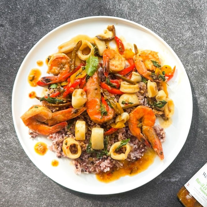 Thai Basil & Garlic Seafood Stir-Fry with Squid and Mussels