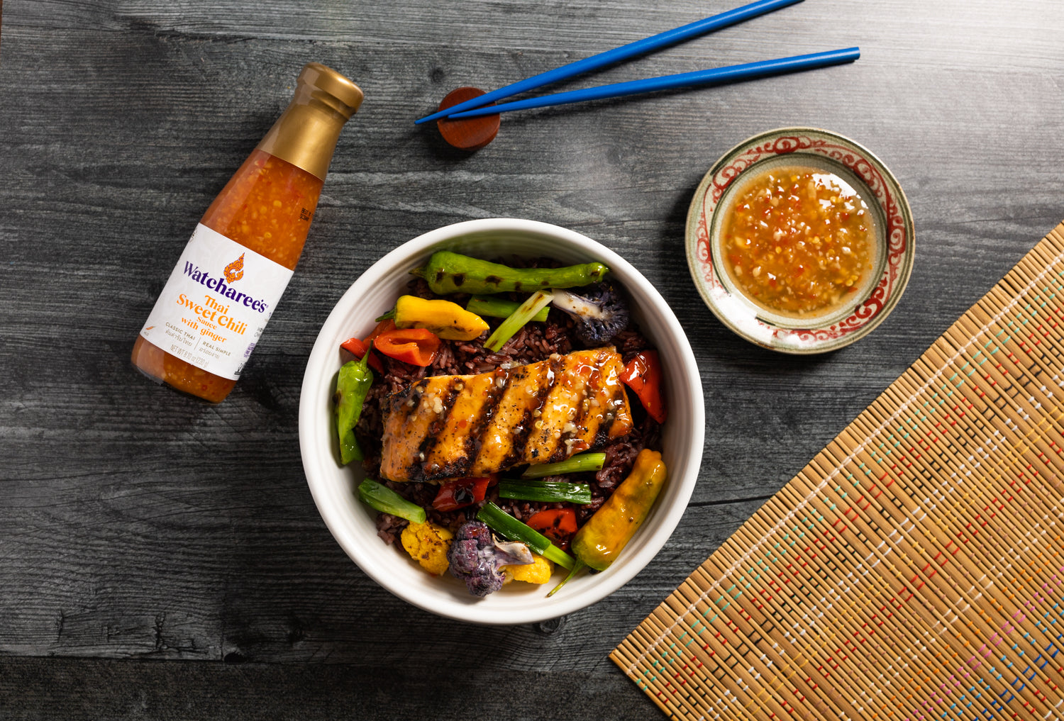 Grilled Salmon and Vegetables with Thai Sweet Chili & Ginger Sauce