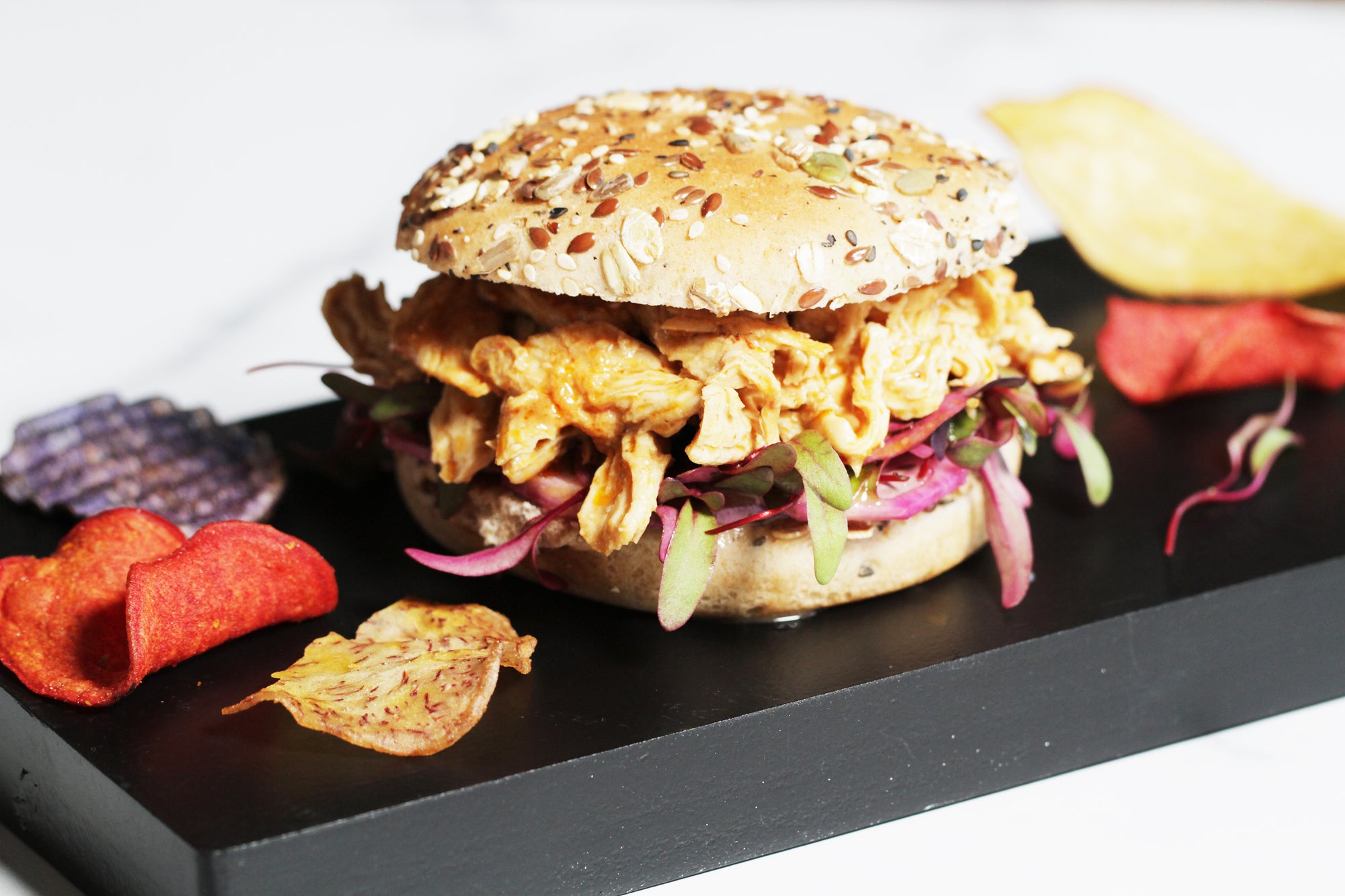 Pulled Chicken Burger with Thai Peanut Sauce