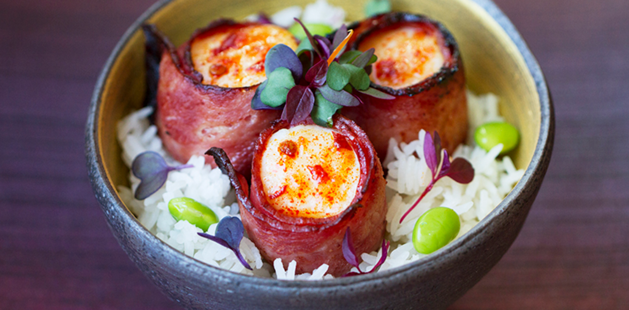 Bacon Wrapped Scallops Rice Bowl with Thai Sauce