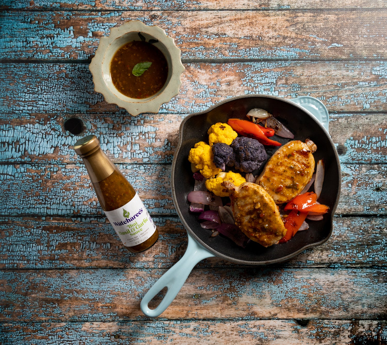 Seared Pork Chops with Thai Basil & Garlic Sauce