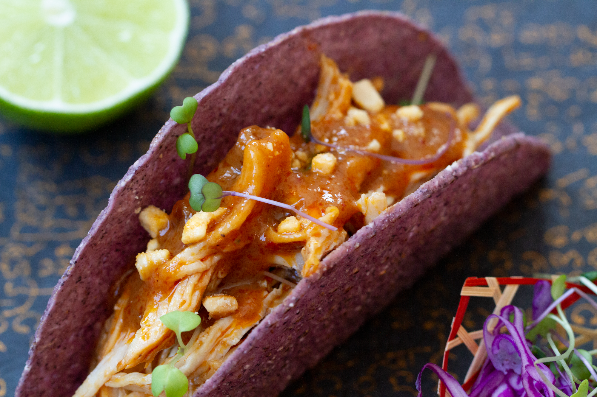 Pulled Chicken Taco with Thai Peanut Sauce