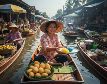 Thai saleswoman on a boat selling thai mango sticky rice