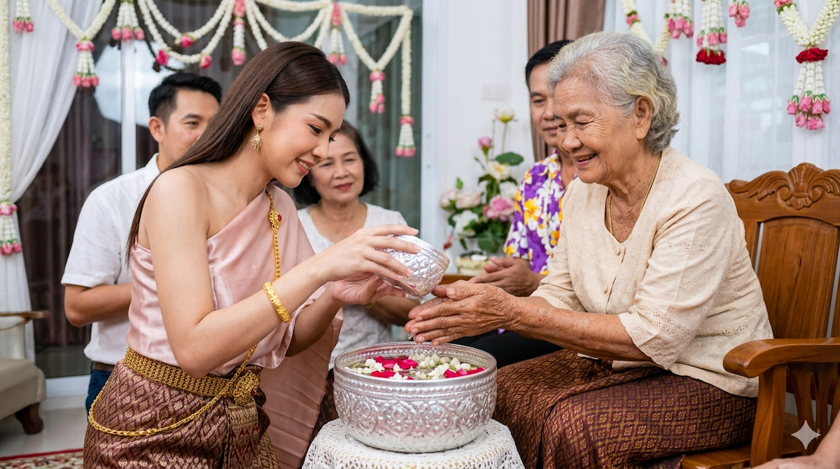 woman pouring water on elders